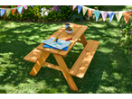 Livarno Kids' Bench with coloring book and fruit in a sunny garden with bunting.