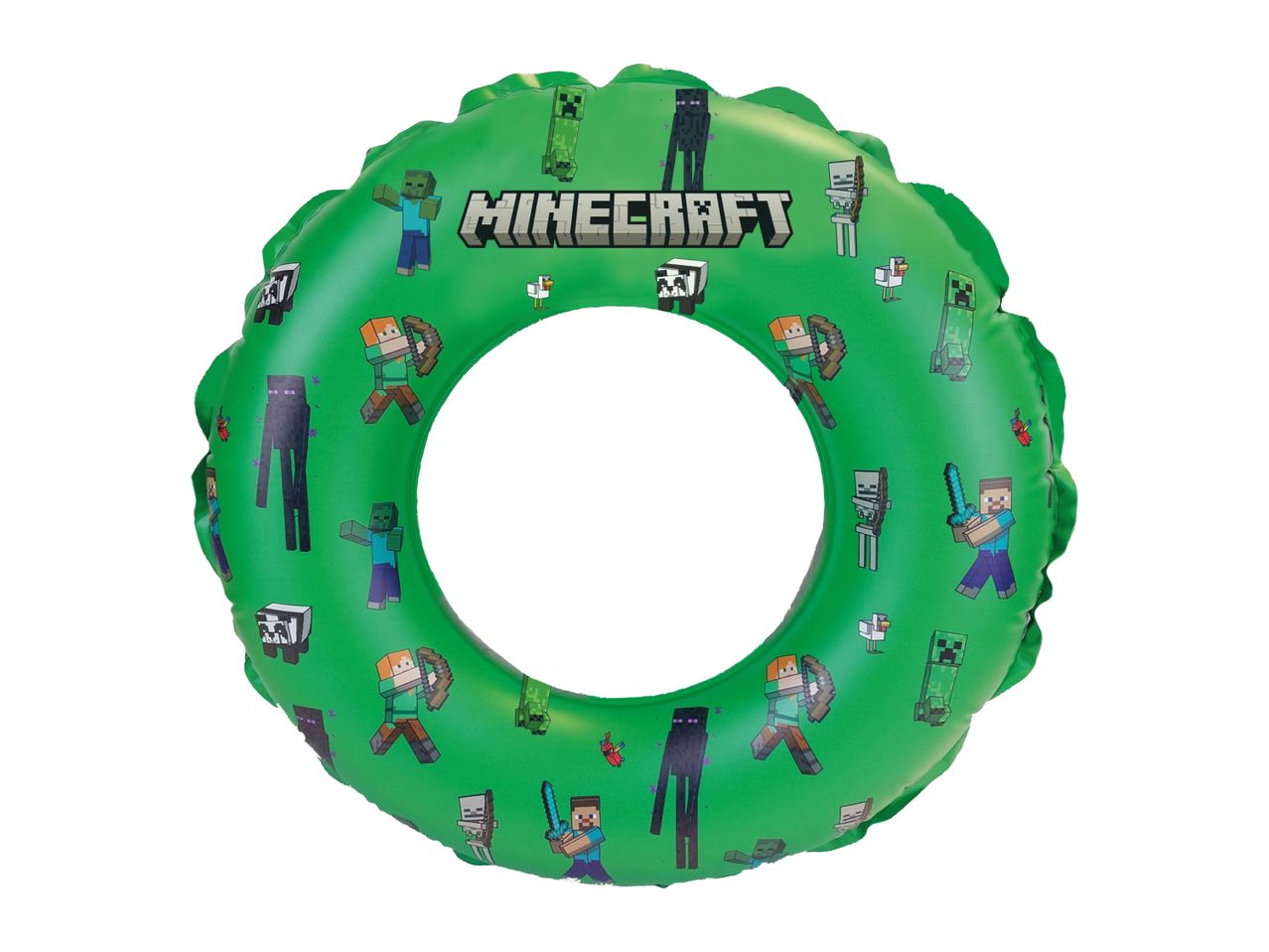 Green inflatable swimming ring with various pixelated characters and the word 'MINECRAFT'.