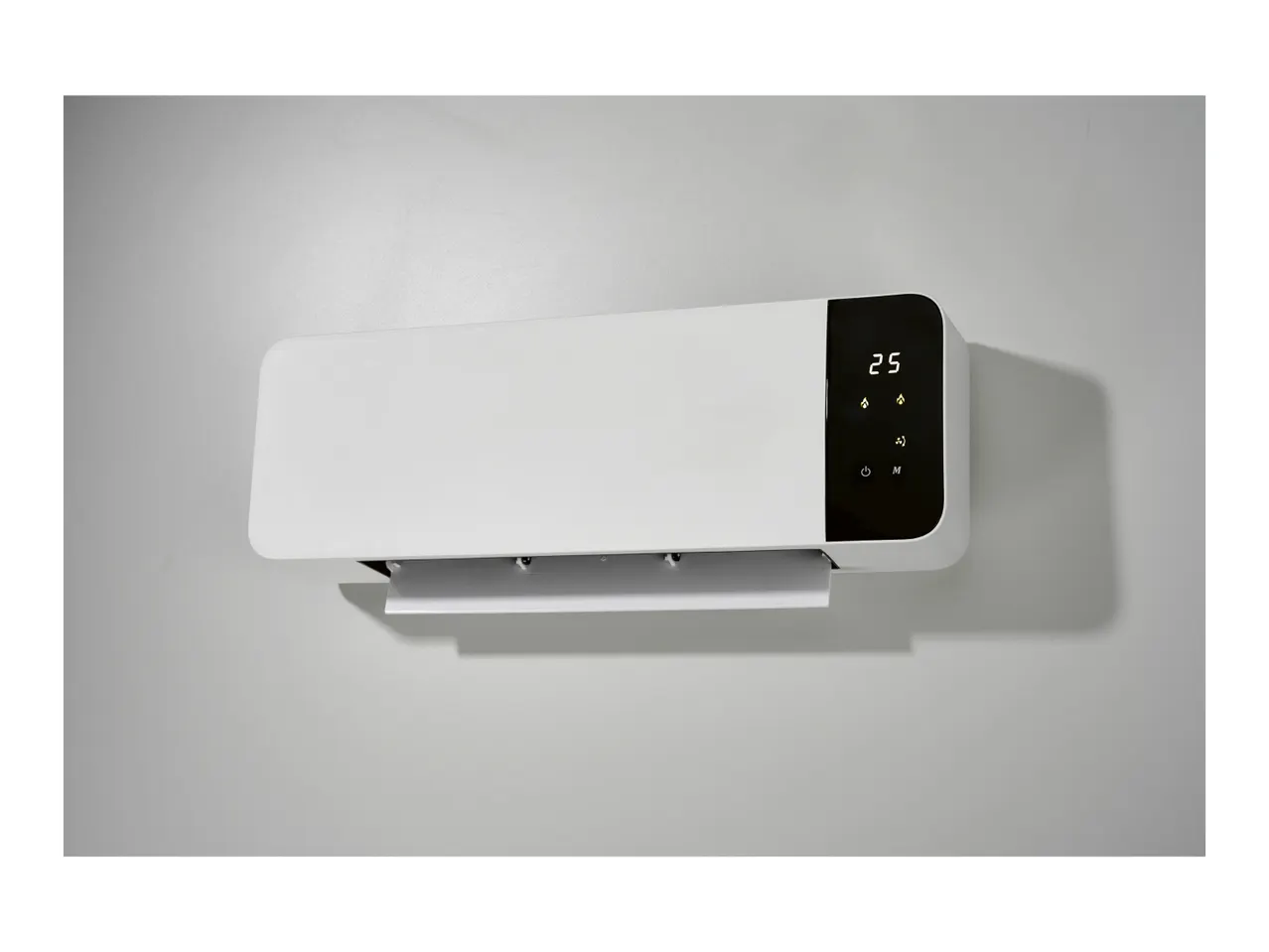 White wall-mounted electric heater with a digital display showing '25' and control icons.