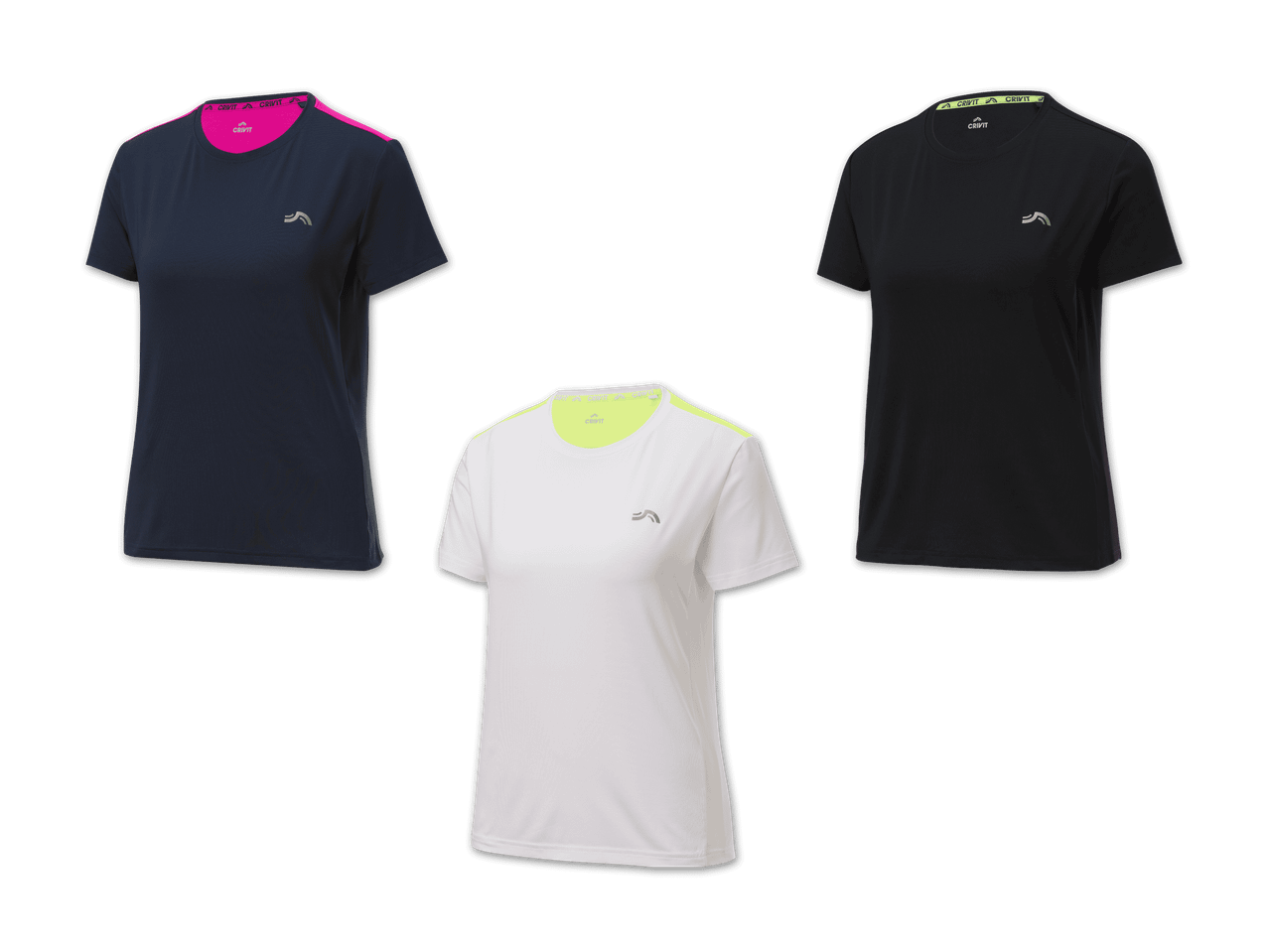 Drei Crivit Damen-Sport-T-Shirts in verschiedenen Farben.