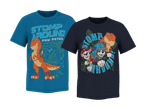 To børne-T-shirts med dinosaur- og tegneseriefigurer, den ene med teksten 'STOMP AROUND PAW PATROL'.
