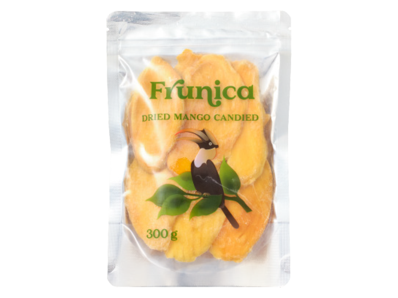 Frunica žāvēti mango gabaliņi caurspīdīgā iepakojumā ar putna ilustrāciju