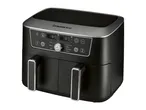 Black dual-basket air fryer with digital display showing 180°C and various cooking functions.