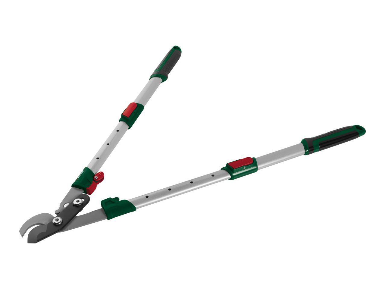 Adjustable bypass loppers with green and black handles and red locking mechanisms