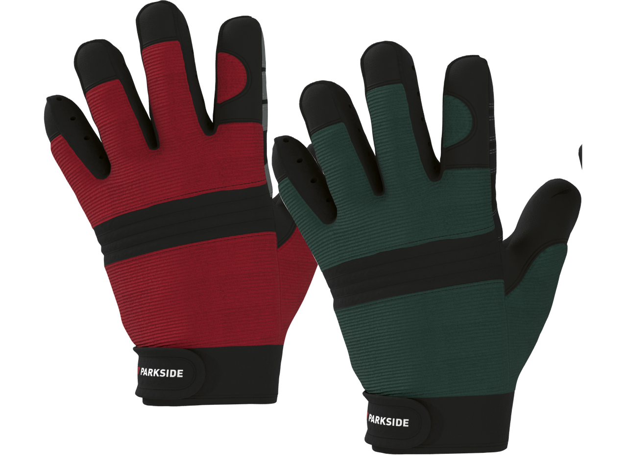 Ett par trädgårdshandskar i rött och ett par i mörkgrönt, båda med svarta detaljer.