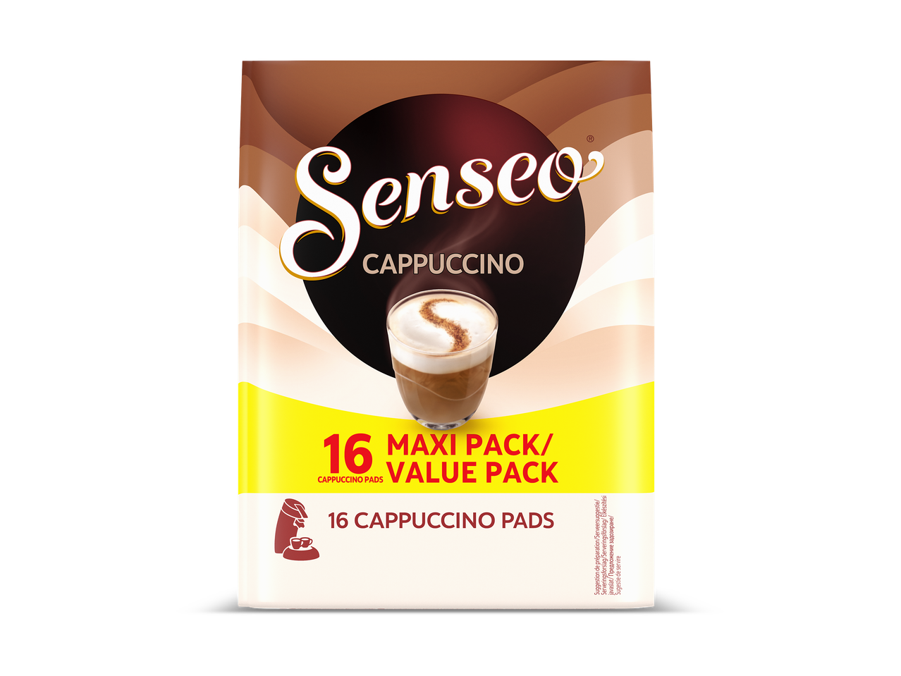 Verpakking met 16 cappuccinopads, maxi pack/value pack.
