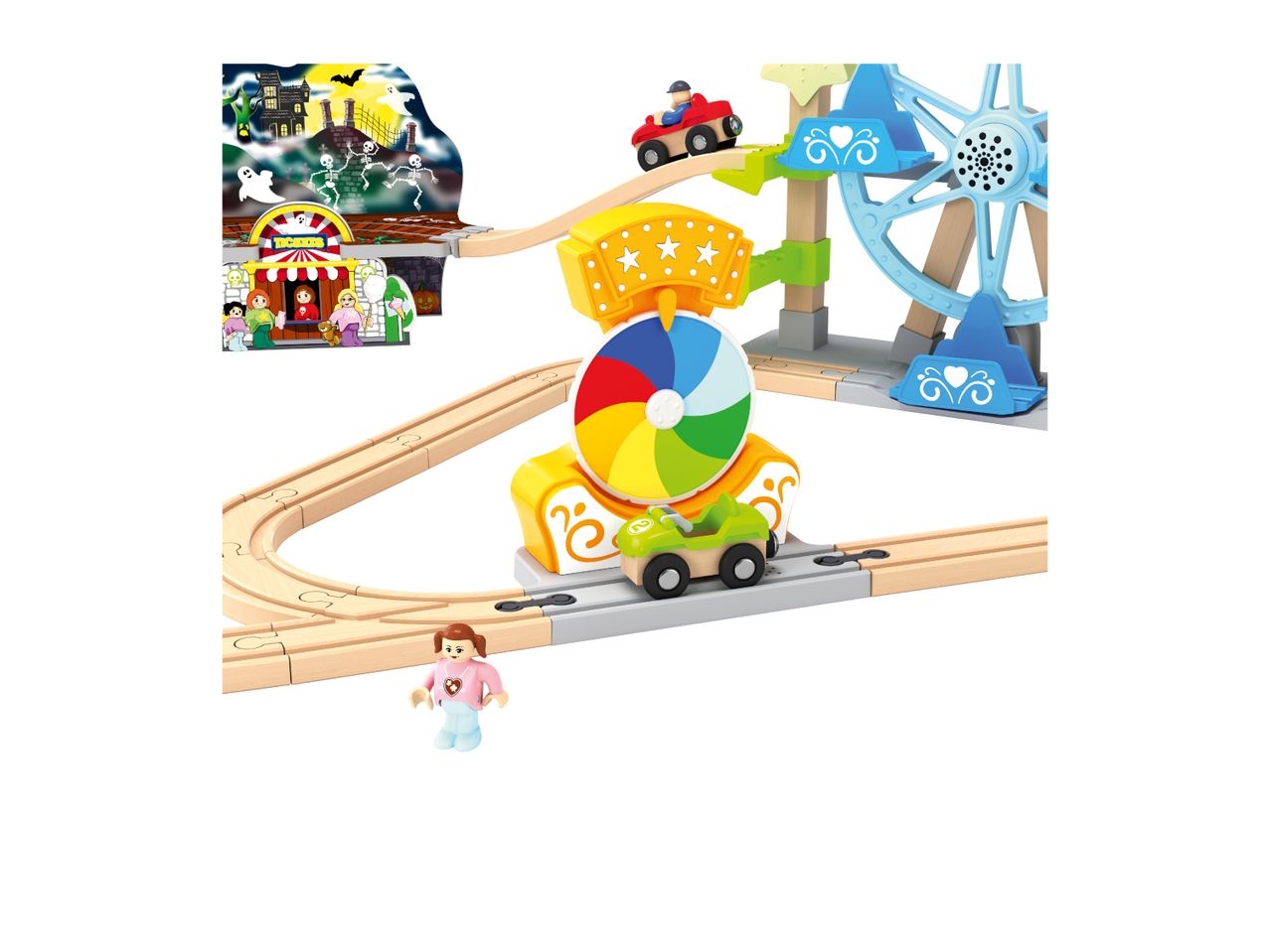 Wooden toy train set with a Halloween-themed haunted house, Ferris wheel, and spinning wheel.