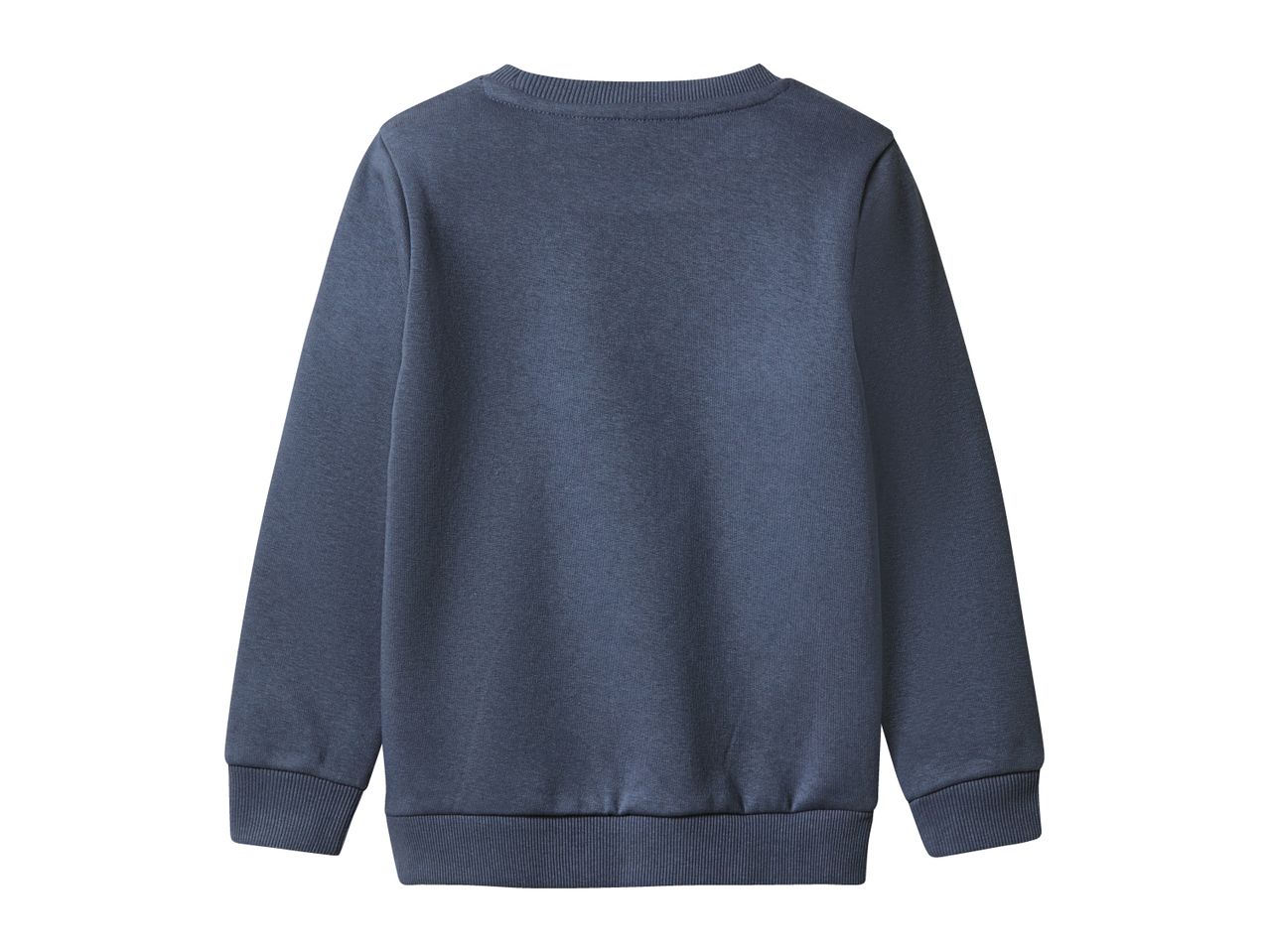 Back view of a plain dark blue crewneck sweatshirt.