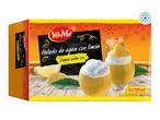 Box of lemon water ice, with two lemon-shaped desserts topped with white cream, lemons, and leaves on a wooden surface. Text: 'Helado de agua con limón' and 'Lemon water ice'.