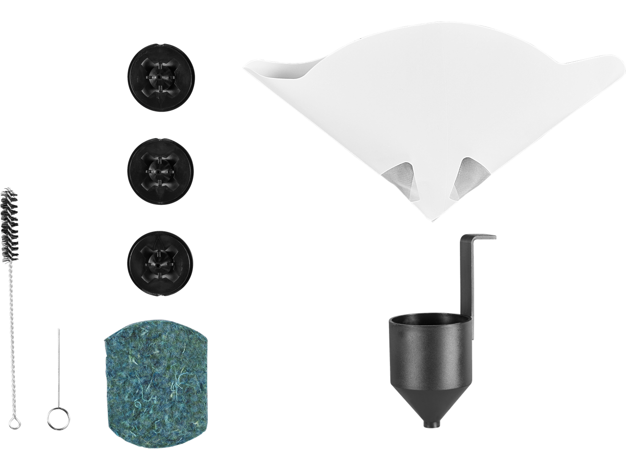 Coffee filter papers, three black coffee machine parts, a cleaning brush, a metal tool, a filter, and a coffee funnel.