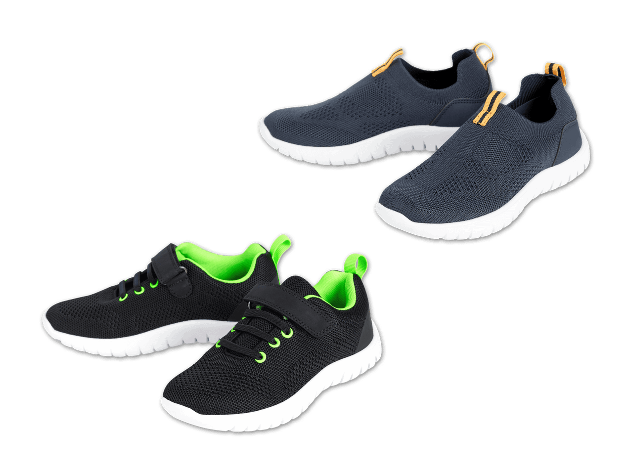 Zwei Paar Sportschuhe: dunkelblaue Slipper und schwarze Turnschuhe mit grünen Akzenten.