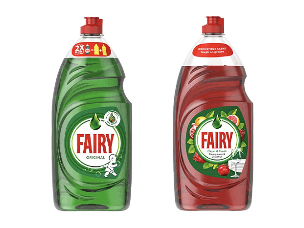 Two bottles of dishwashing liquid, one green original and one red pomegranate & grapefruit scent.