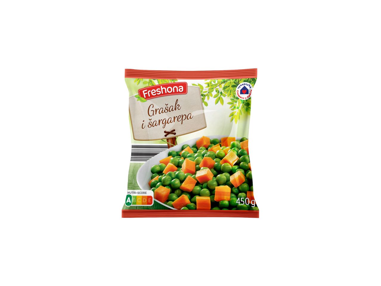 Pakovanje smrznutog graška i šargarepe brenda Freshona, 450g.