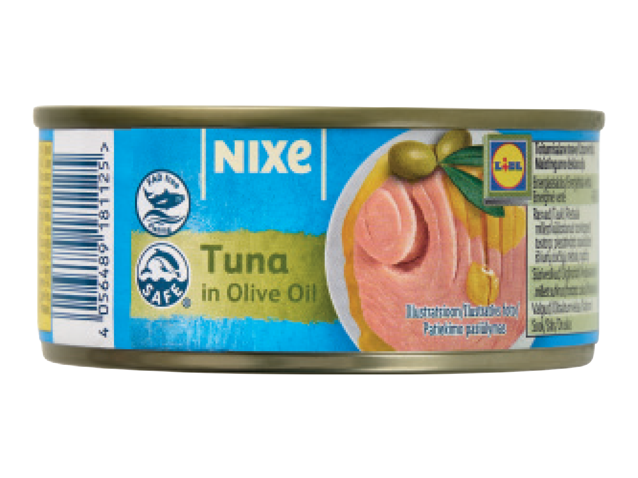 Nixe tuunikalakonserv oliiviõlis, sinisel etiketil on Lidl logo ja kala pilt.