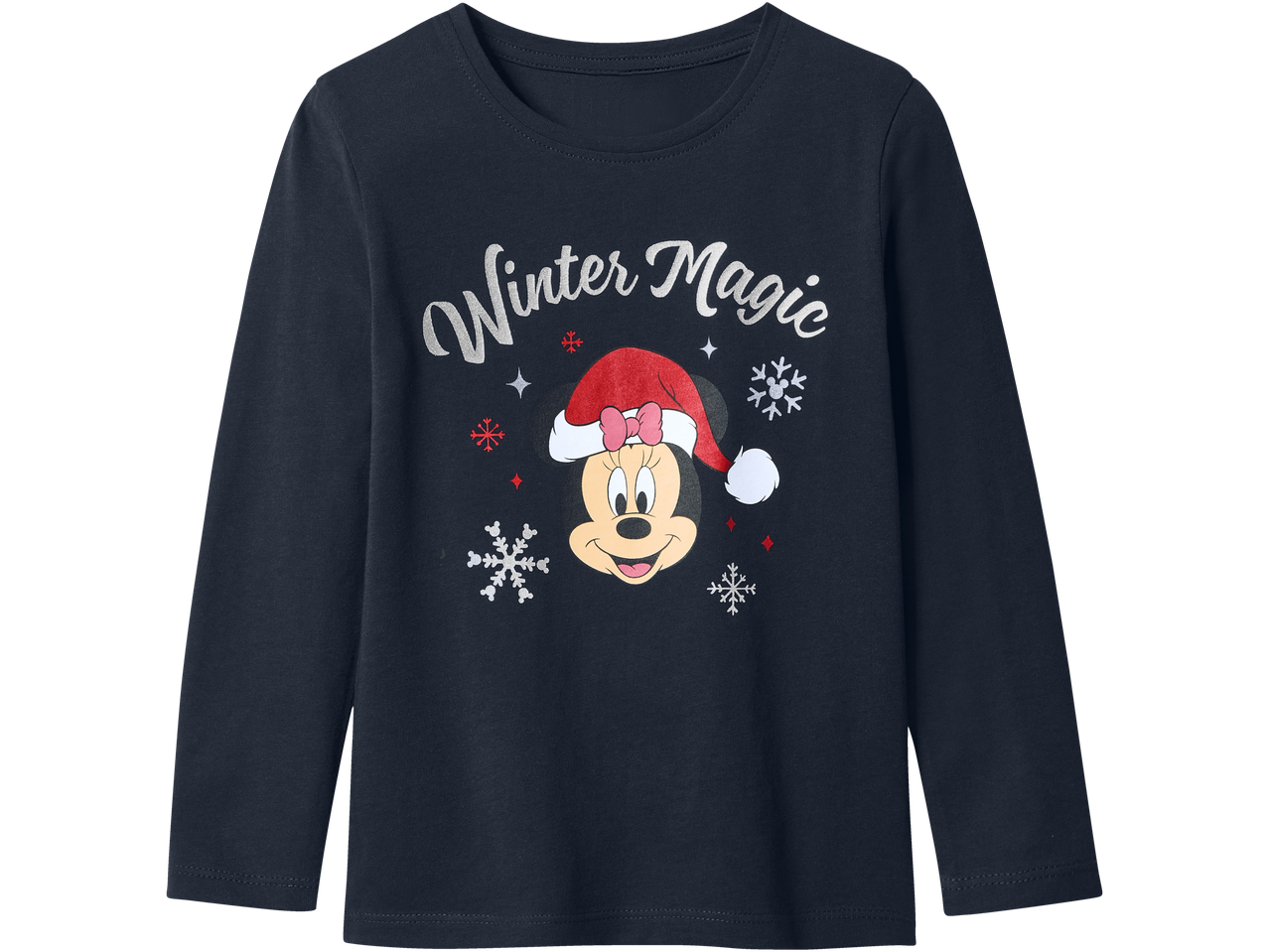 Mėlyni marškinėliai ilgomis rankovėmis su Minnie Mouse ir užrašu „Winter Magic“.