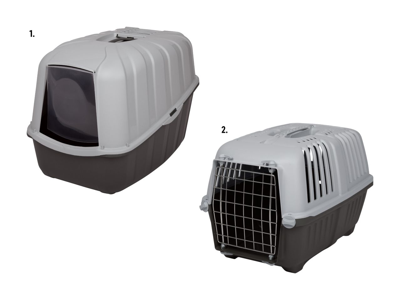 Zwei Haustierartikel: eine überdachte Katzentoilette und eine Transportbox für Katzen.