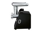 Black meat grinder with a silver feeding tray and control buttons on the side.