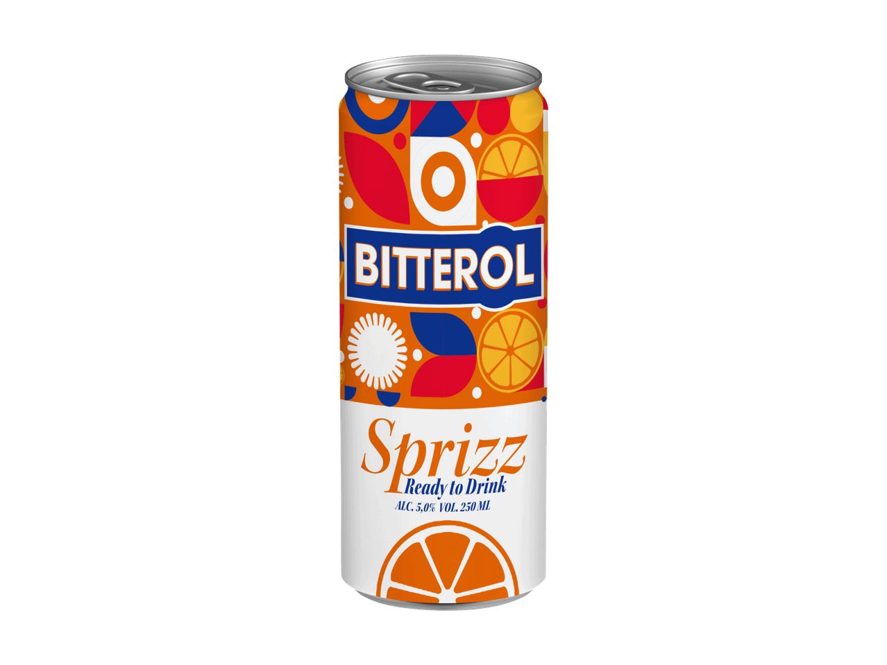 Narandžasto-plava limenka pića sa natpisom 'BITTEROL Sprizz Ready to Drink' i slikom narandže.