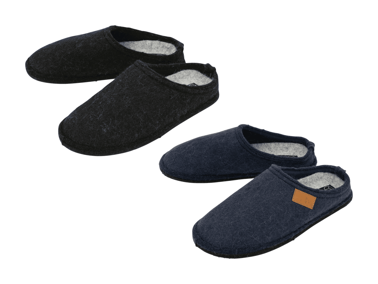 Pantofole in feltro da uomo in nero e blu scuro.