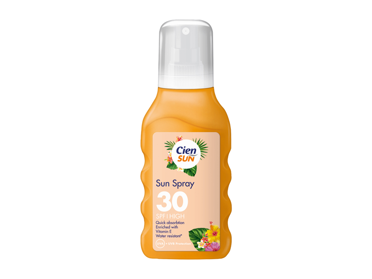 Aurinkosuojasuihke SPF 30, nopeasti imeytyvä, E-vitamiinilla rikastettu ja vedenkestävä.