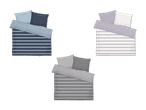 Drei Tom Tailor Bettwäsche-Sets in Blau, Lila und Grau mit Streifenmuster.