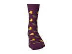 Purple sock with yellow and brown duck patterns