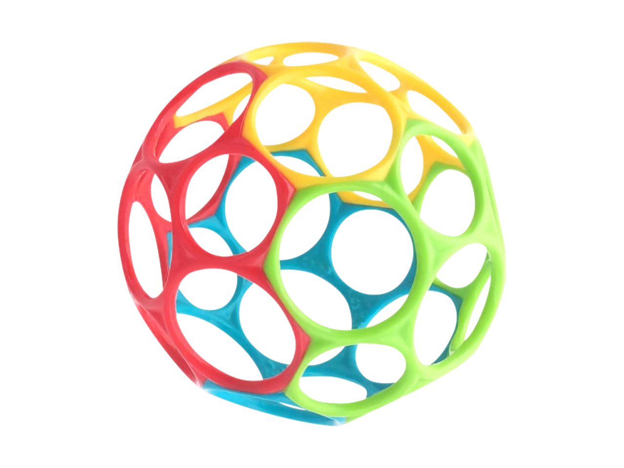 Colorful plastic baby rattle ball with large holes.