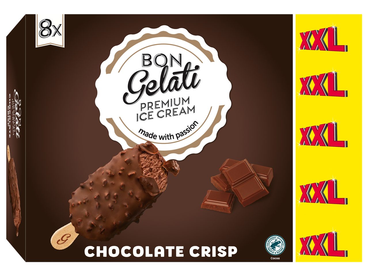 Embalagem de 8 picolés Bon Gelati XXL sabor Chocolate Crisp.