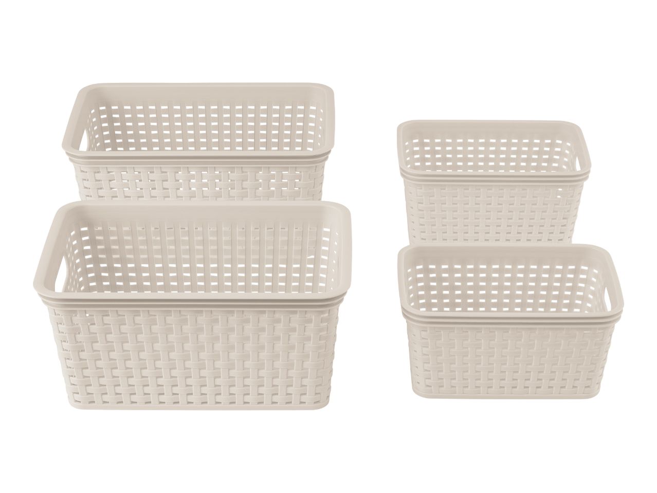 Four beige plastic woven storage baskets of varying sizes.
