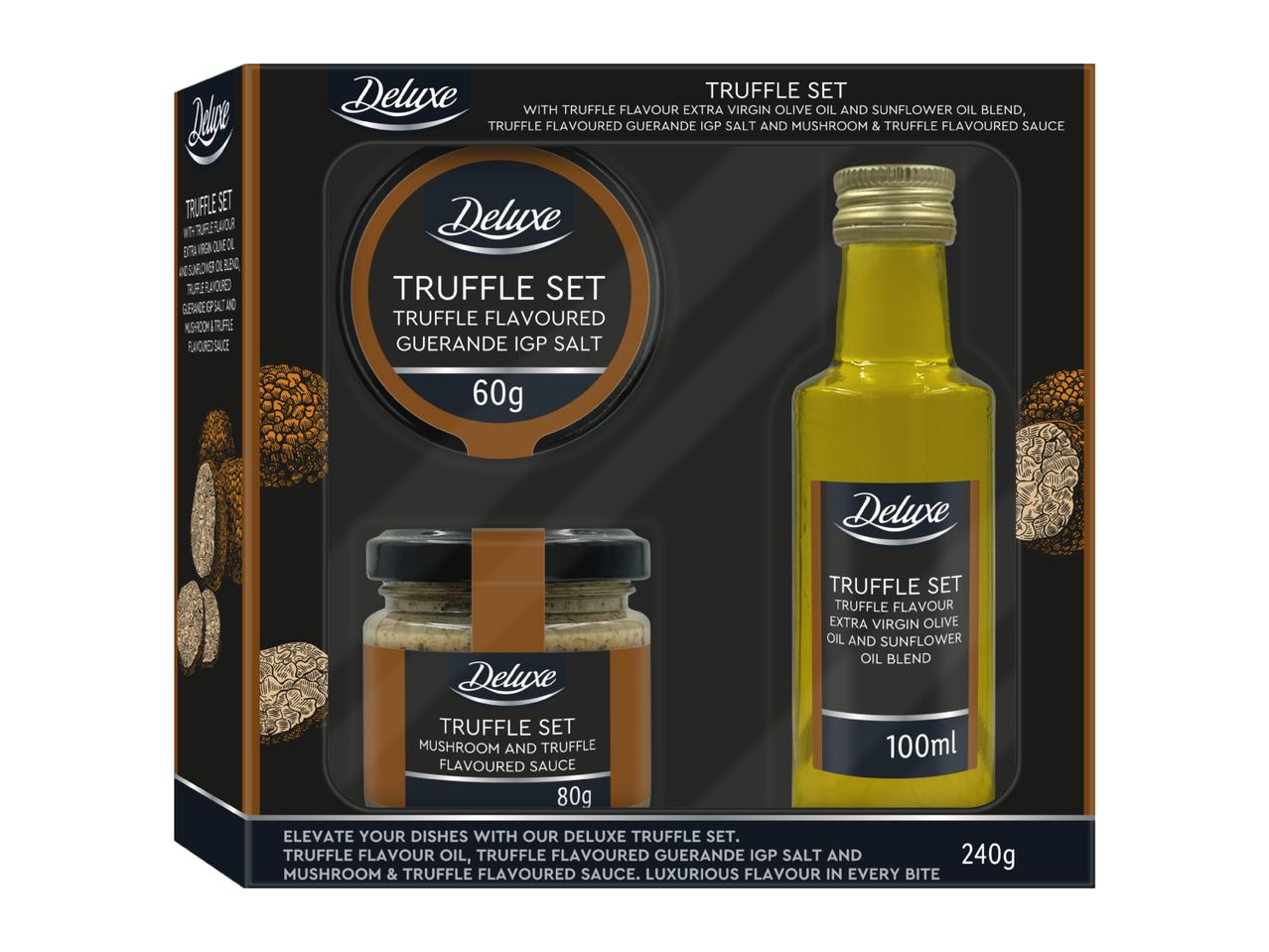 Deluxe Truffle Set with truffle oil, truffle salt, and mushroom & truffle sauce.