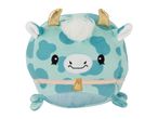 A teal and light blue spotted plush toy with gold horns, white fluffy hair, and a gold bell collar.