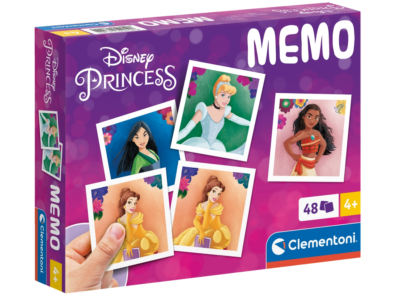Princesių atminties žaidimas su 48 kortelėmis, įskaitant Pelenę, Mulan, Vaianą ir Belę.