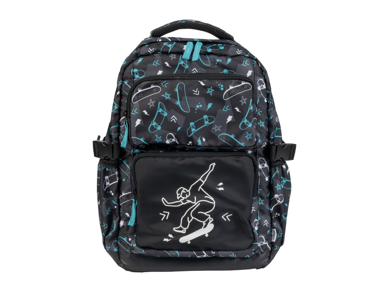 Black backpack with a skateboard and lightning bolt pattern, featuring a graphic of a person skateboarding.
