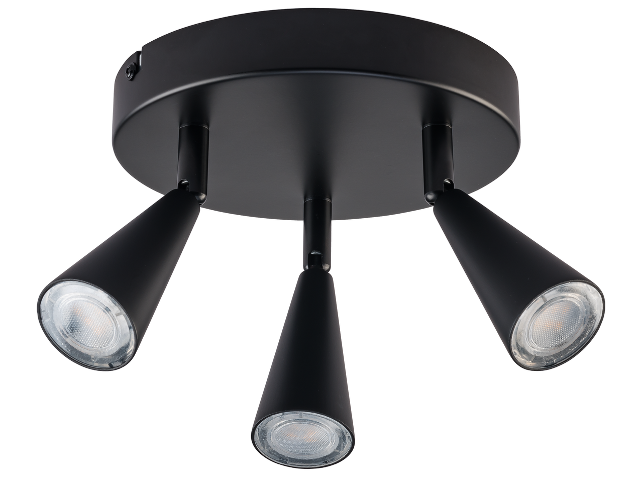 Черна таванна лампа с три регулируеми спота и LED крушки.
