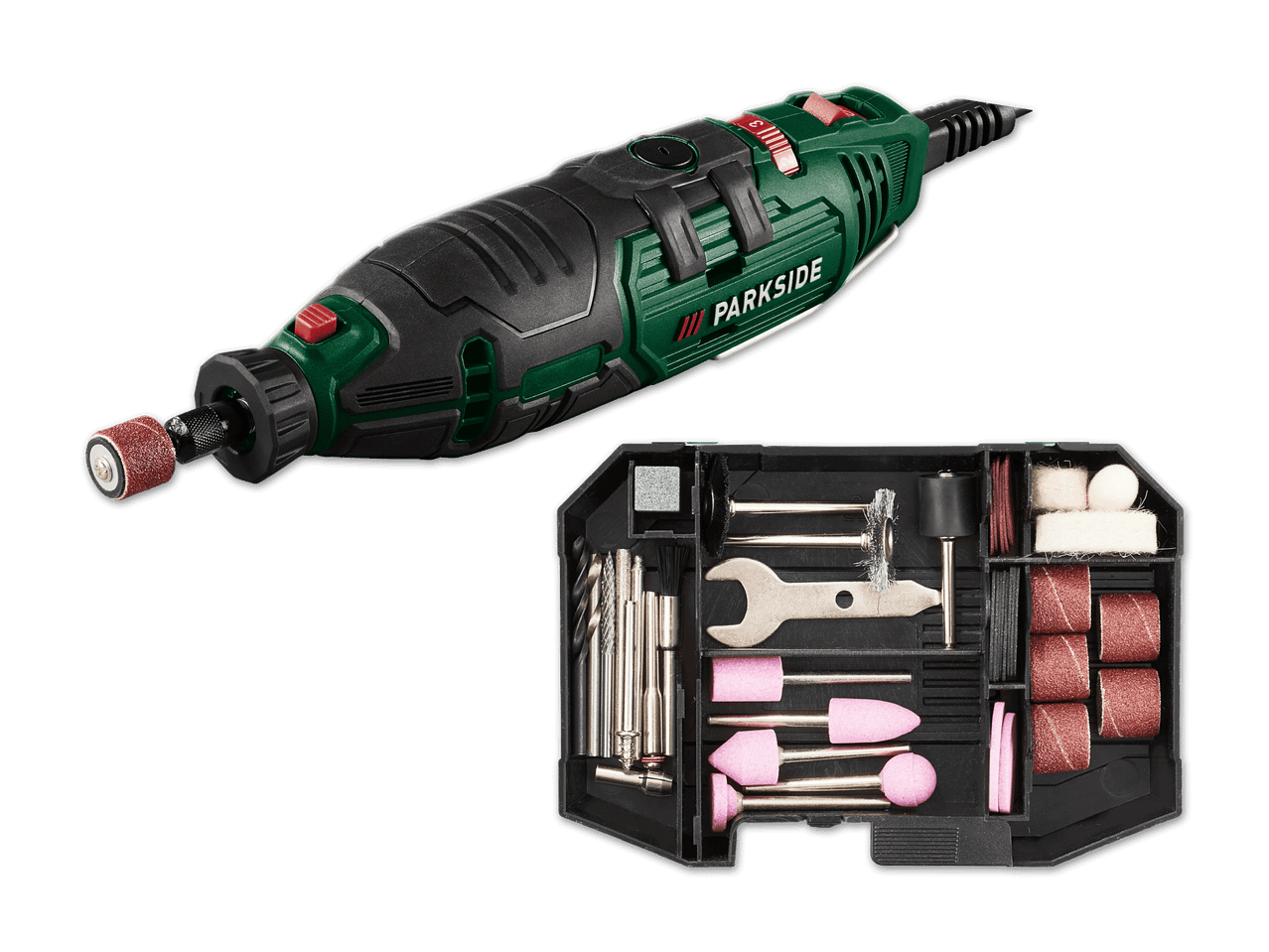 Multifunktionswerkzeug mit Schleifaufsatz und Zubehörset in einer Box