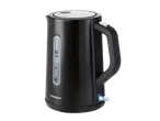 Black electric kettle with water level indicator and illuminated switch.
