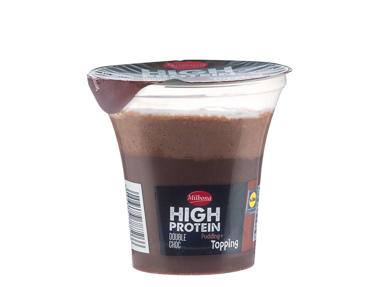 Milbona high protein double choc pudding with topping.