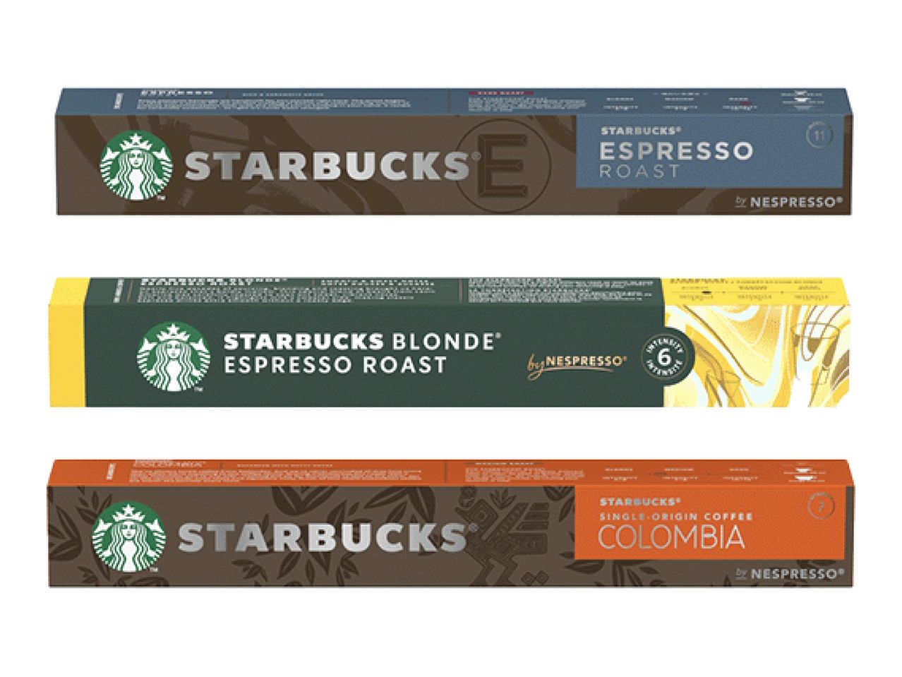 Three boxes of coffee pods, including espresso roast, blonde espresso roast, and single-origin Colombia.