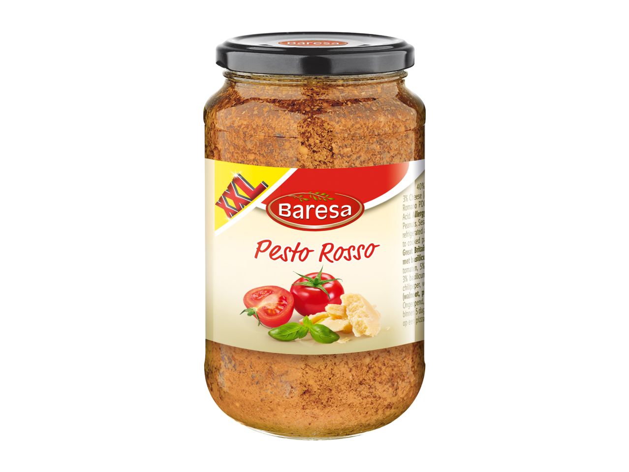 Jar of Pesto Rosso with tomatoes, basil, and cheese on the label.