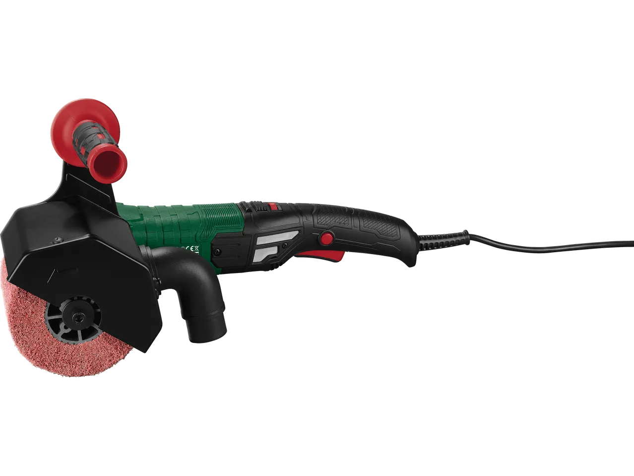 PARKSIDE Satinier-/Bürstenschleifmaschine mit roter Bürste und Zusatzgriff.