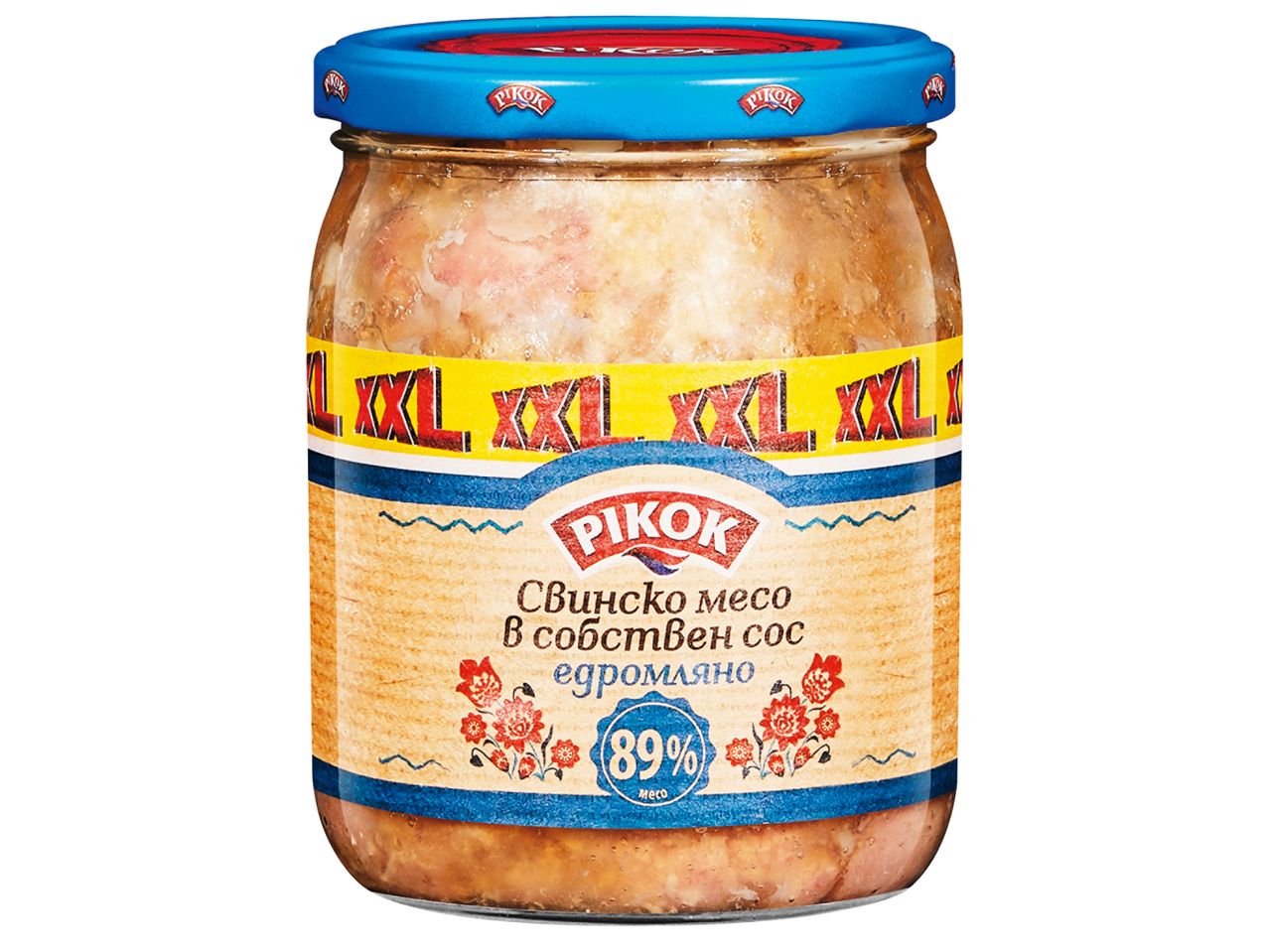 Стъклен буркан със свинско месо в собствен сос Pikok, 500 g/опаковка.