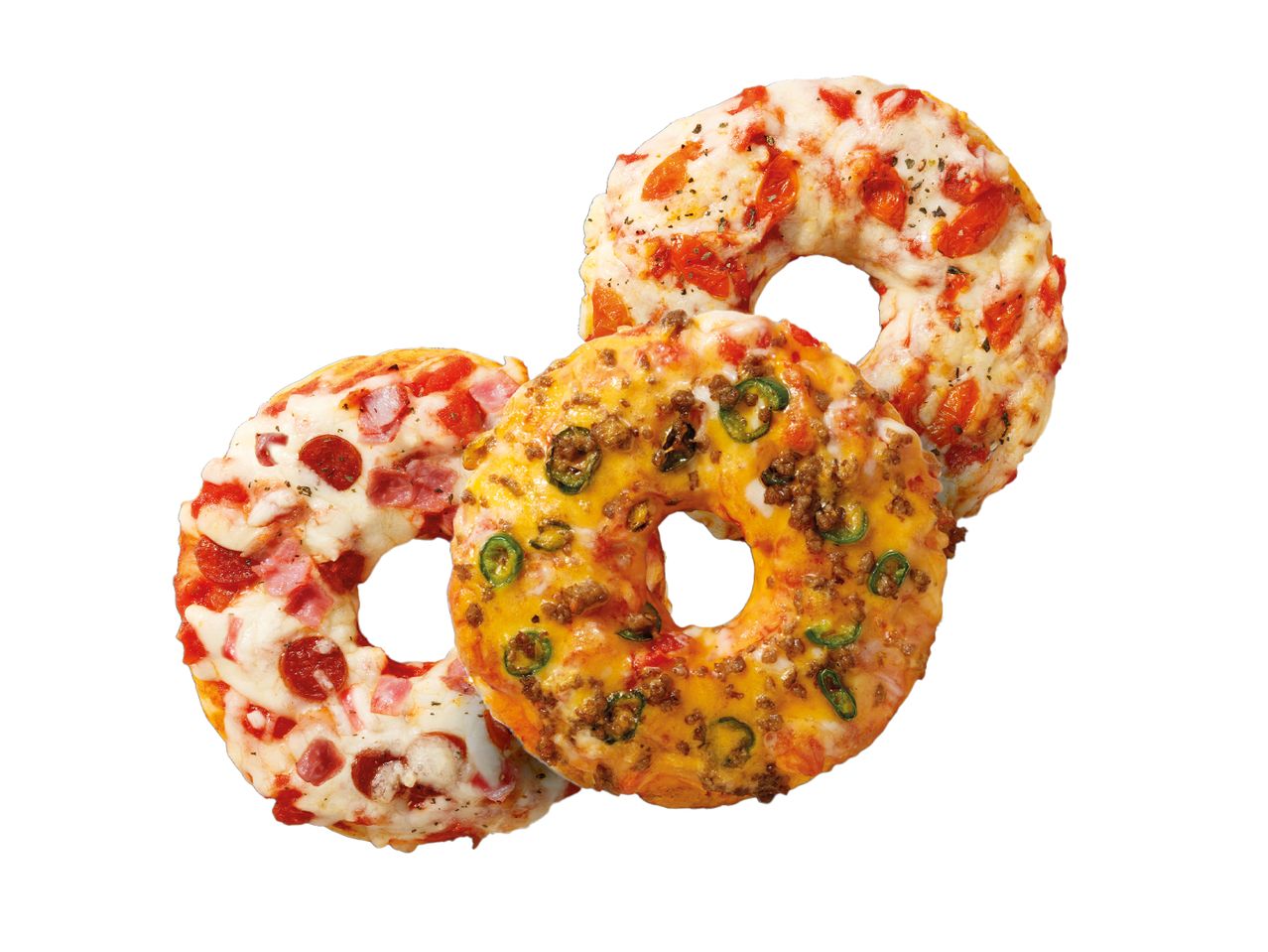 Tre pizzabullar med olika pålägg: pepperoni, skinka, jalapeños och köttfärs.