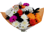 Skull Candy Bouquet with white, orange, and pink flowers, black accents, and a sugar skull.