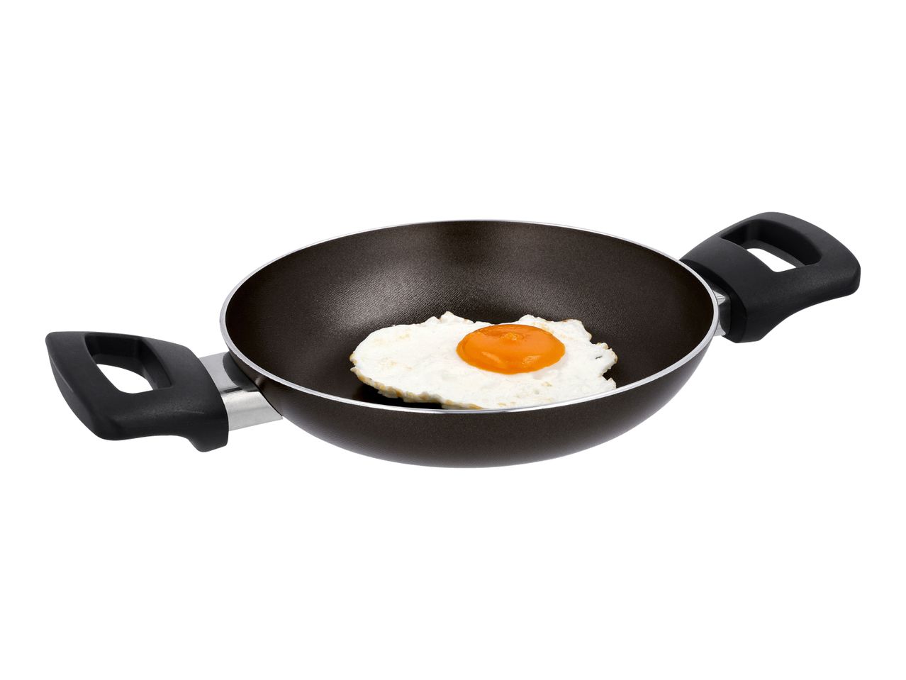 Fried egg in a dark non-stick pan with two black handles