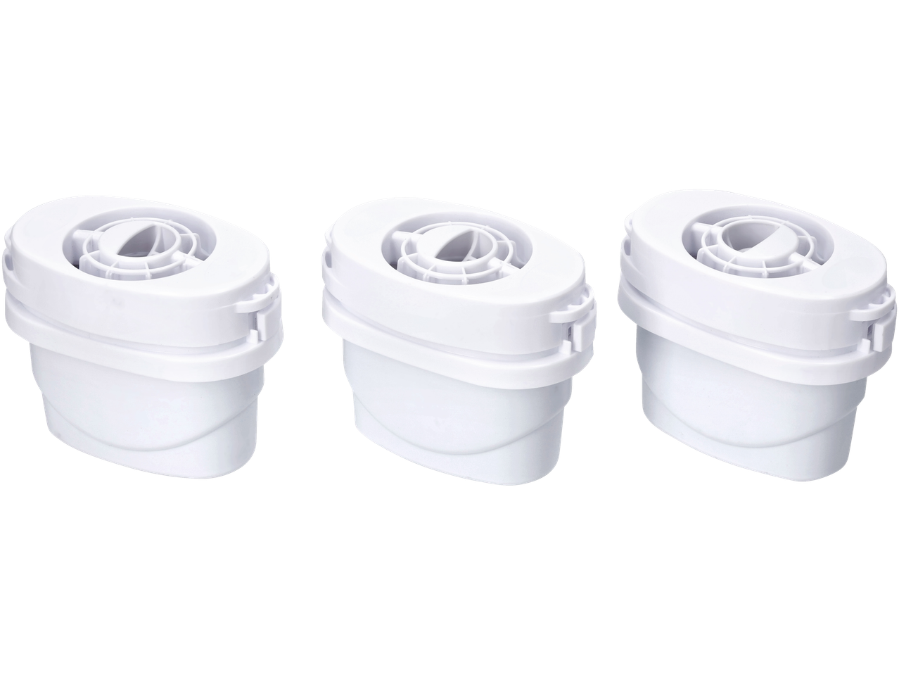 Tri bijela, ovalna SILVERCREST® uloška filtera za vodu na crnoj pozadini.