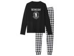 Wednesday Addams themed black long-sleeve shirt and black and white checkered pajama pants.
