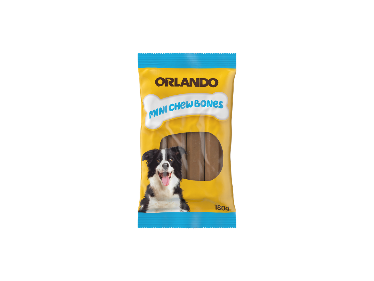 Orlando Mini Chew Bones dog treats with a border collie on the packaging.
