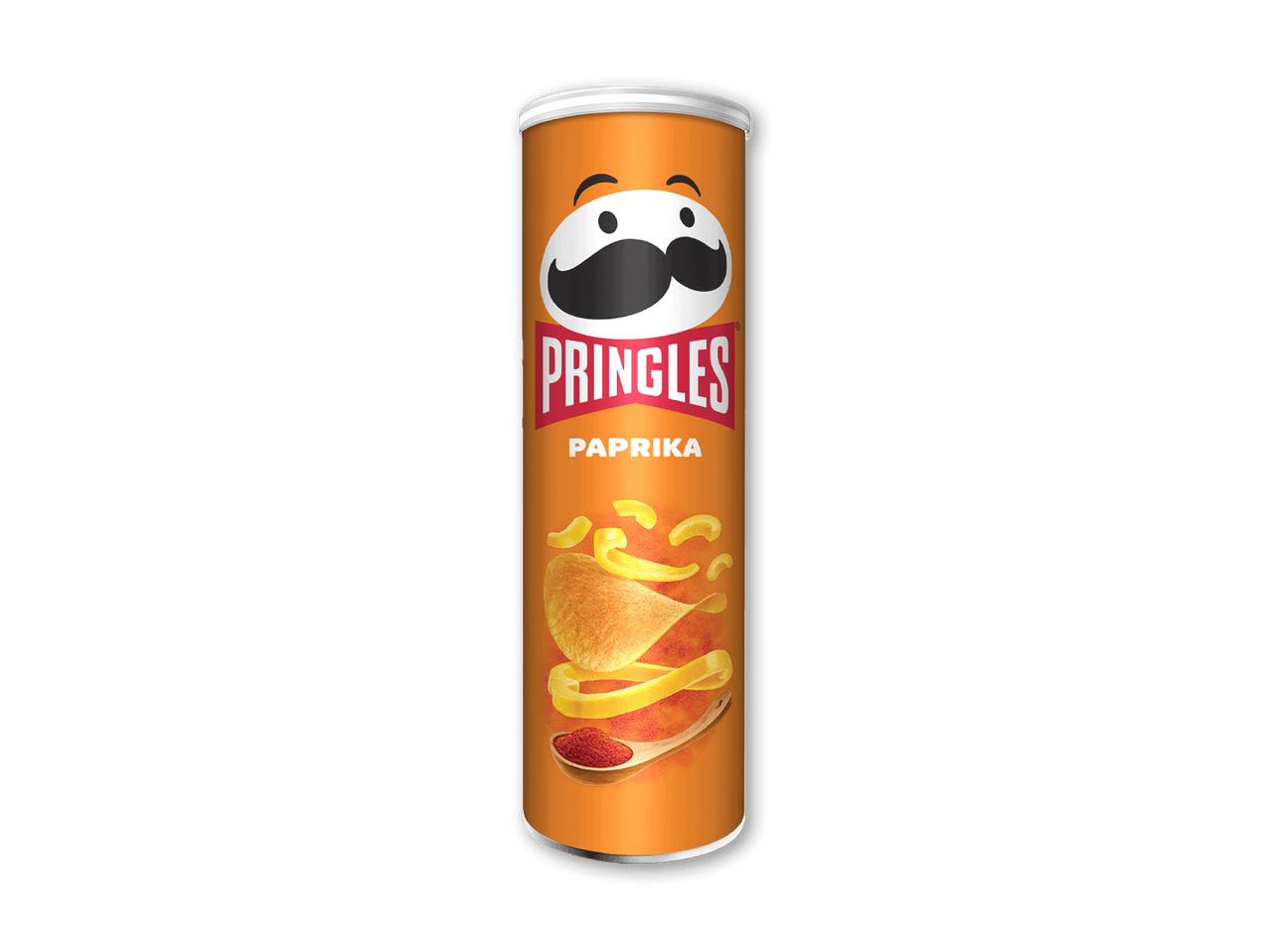En orange paprikachips-beholder med et tegneserieansigt og chips, der flyver ud.