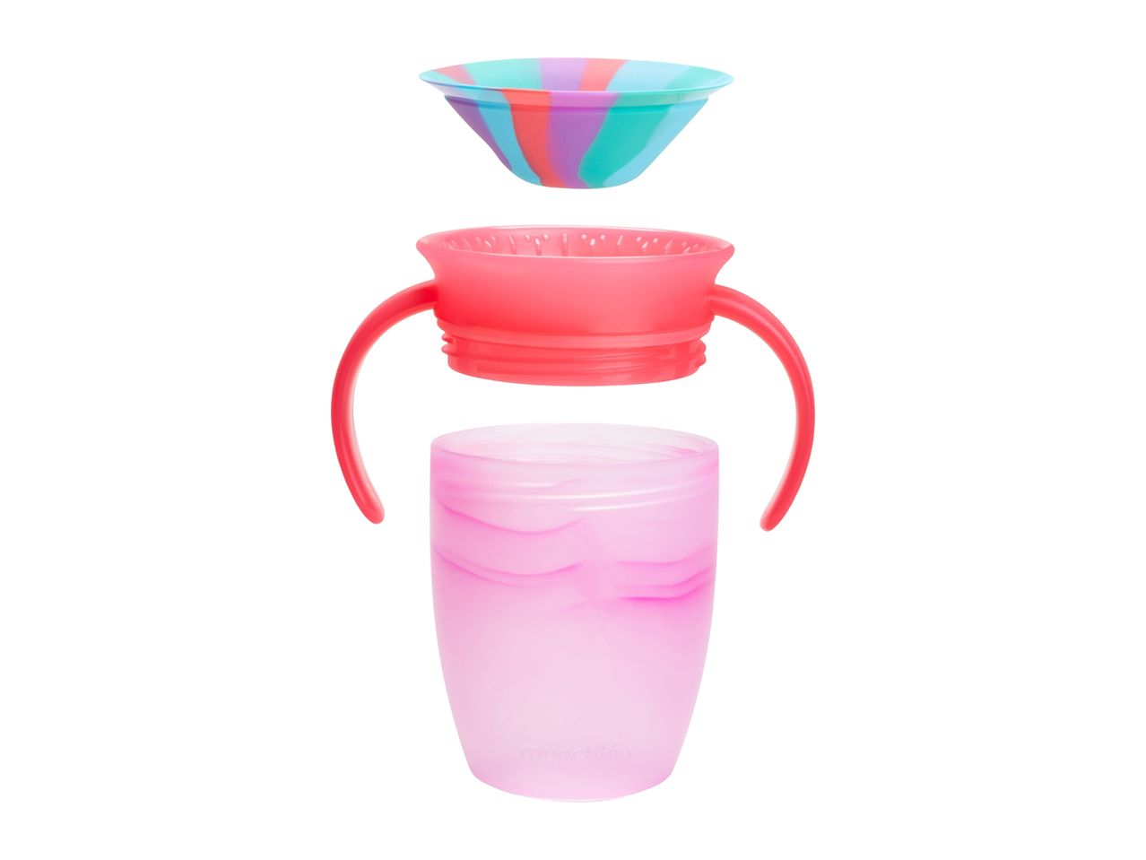 Disassembled pink and red sippy cup with handles and a colorful striped lid
