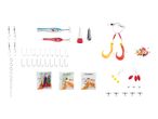 A collection of fishing gear including lures, hooks, weights, swivels, and various accessories.